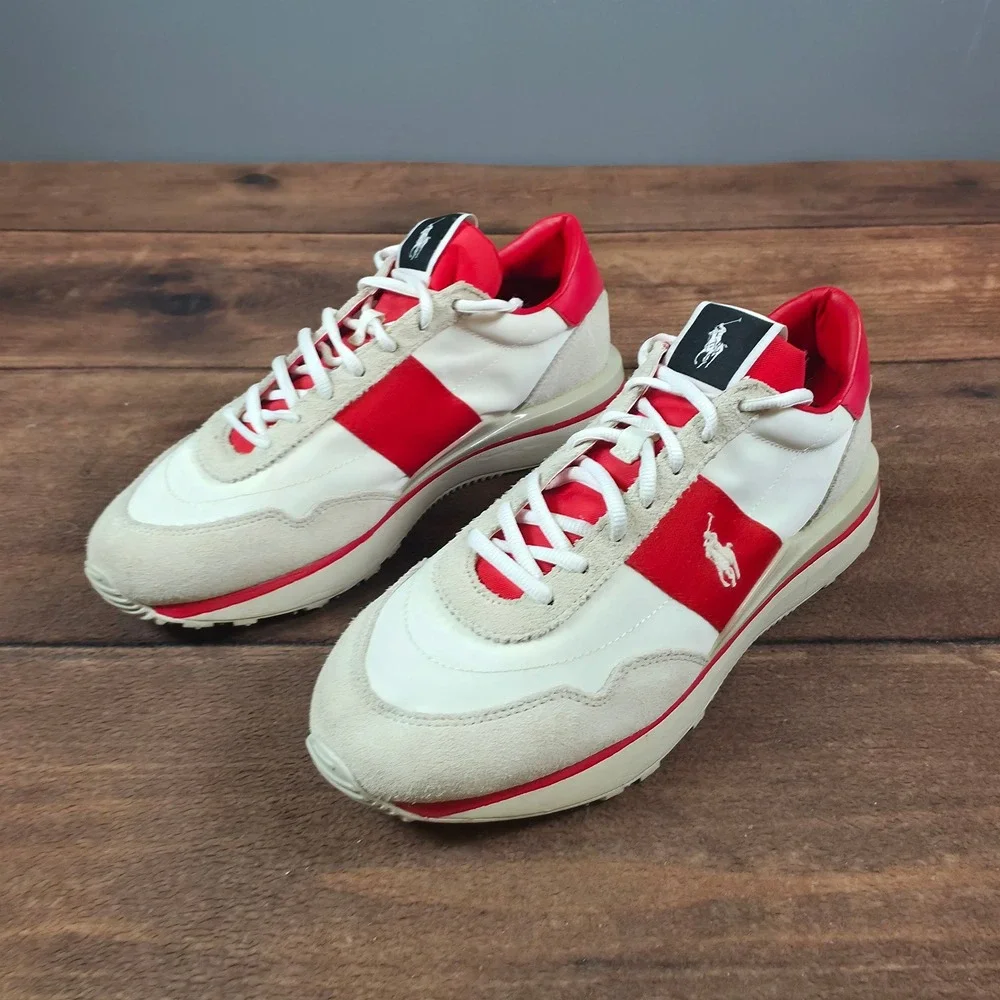 Polo Ralph Lauren Train 89 Sneakers Mens 8 White Red Good Retro Leather Mesh